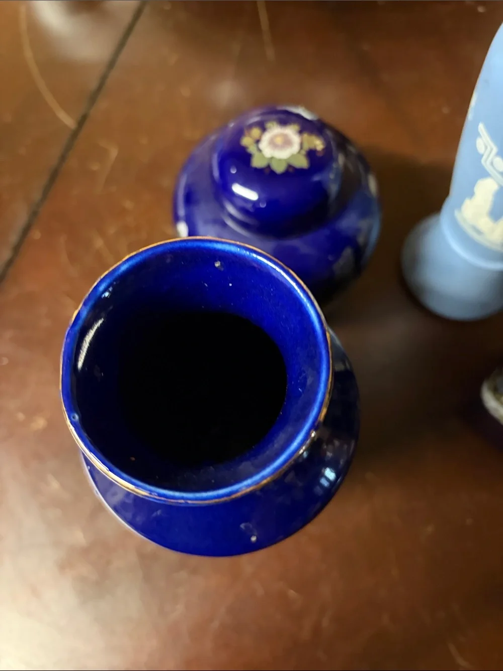 Set of Deep Cobalt Blue Decorative Ceramic Vases and Lidded Jar
